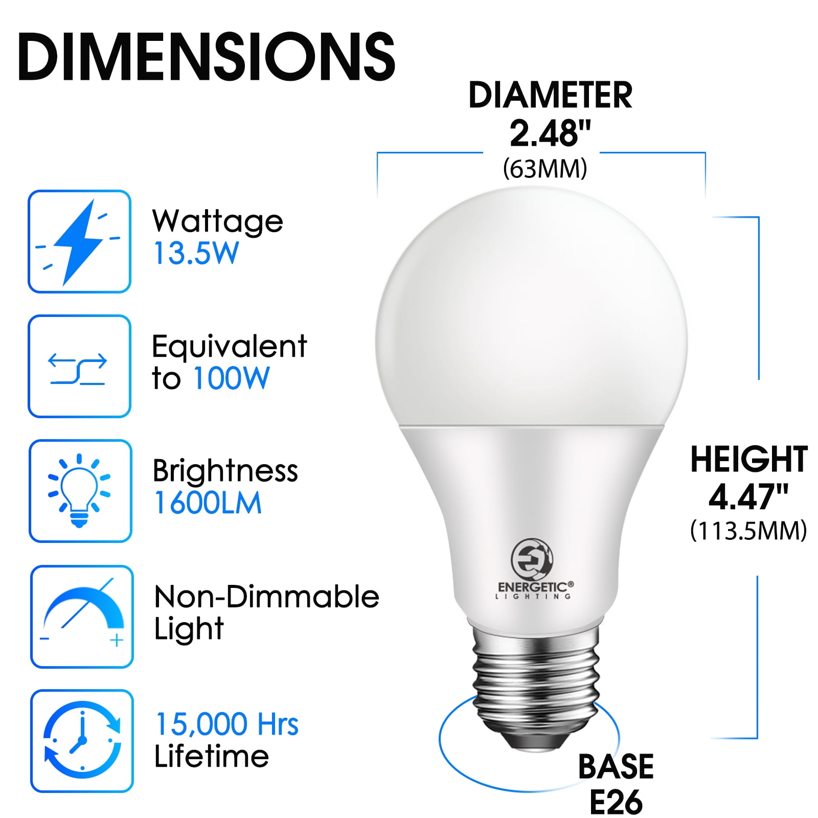 ENERGETIC A19 LED Light Bulb, 13.5W (100W Equivalent), 1600LM, Daylight 5000K, E26 base, UL Listed, Non-Dimmable, 12 pack
