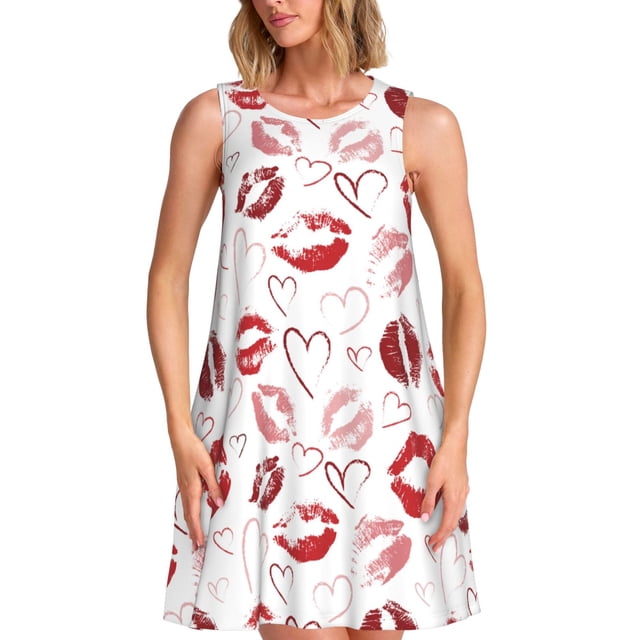 Xecao Robes d'Été Lèvres Rouges pour Femmes Robes Décontractées de Plage Robes de Plage Sans Manches Robe Évasée avec Poches