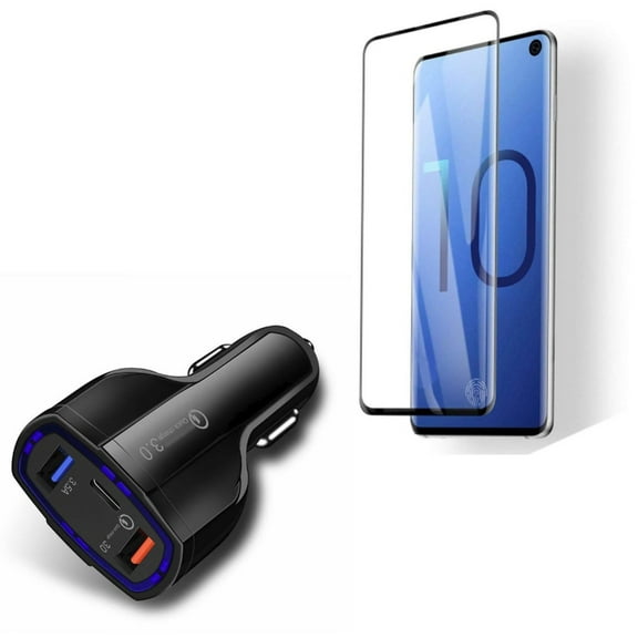 Galaxy S10  48W Quick Car Charger w Tempered Glass Screen Protector - 3-Port USB Type-C Port Power, [Fingerprint Works] 3D Curved Edge Full Cover for Samsung Galaxy S10