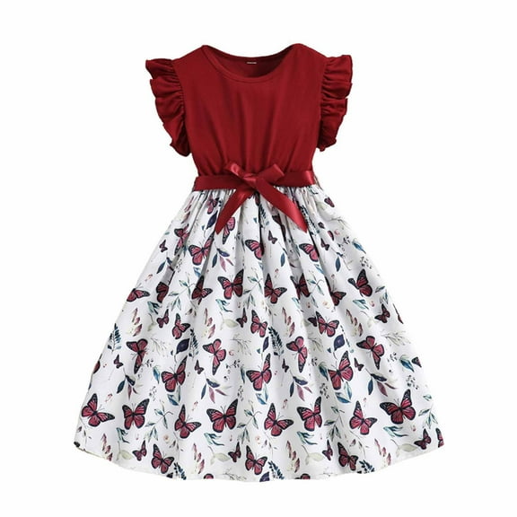 Girls Flutter Dress Butterfly Ruffle Pleated Dresses Vintage Crew Neck Tunic Dress Summer Casual Retro Clothing, Red, 9 Years