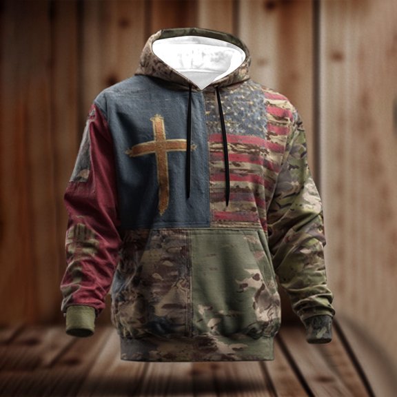 SYMOID Men's American Flag Cross Camouflage Pullover Hoodie - Army Green, Size 2XL, 100% Polyester Quick Dry with Drawstring Hood & Kangaroo Pocket