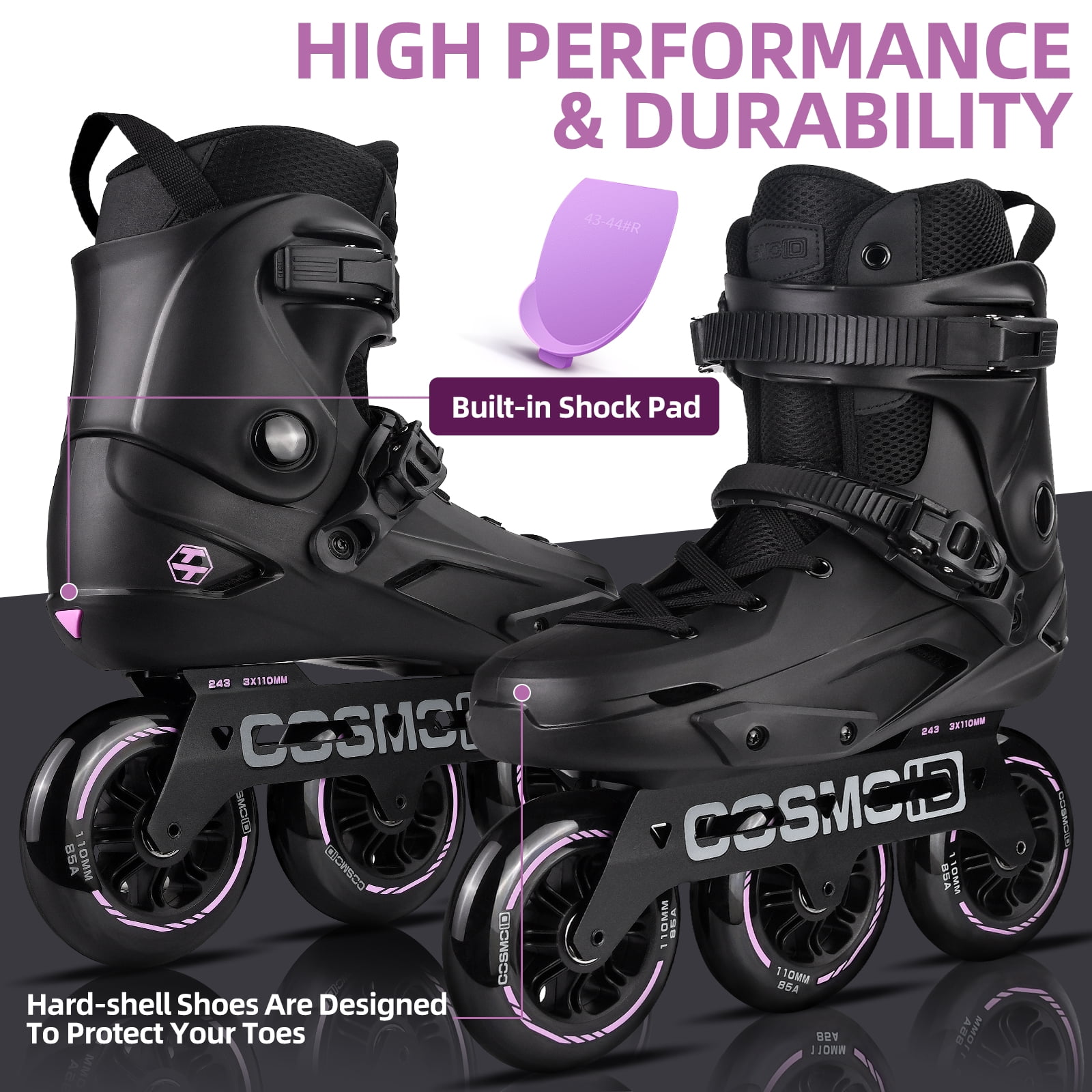 COSMOID Adult Inline Skate - High Performance Roller Skates Blades for Women & Men, 3 Wheels 110mm Metal Frame,Indoor Outdoor and Fitness Black