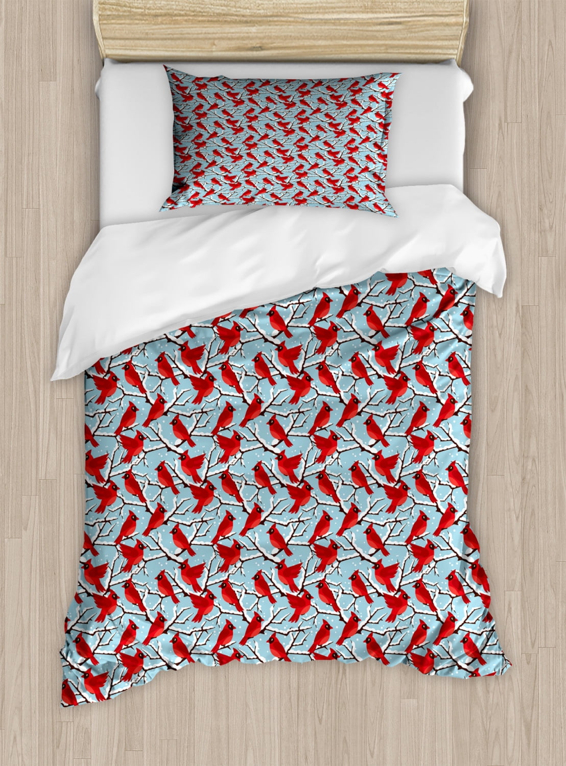 Northwoods Duvet Cover Set Twin Size, Cardinal Birds Perching Snow