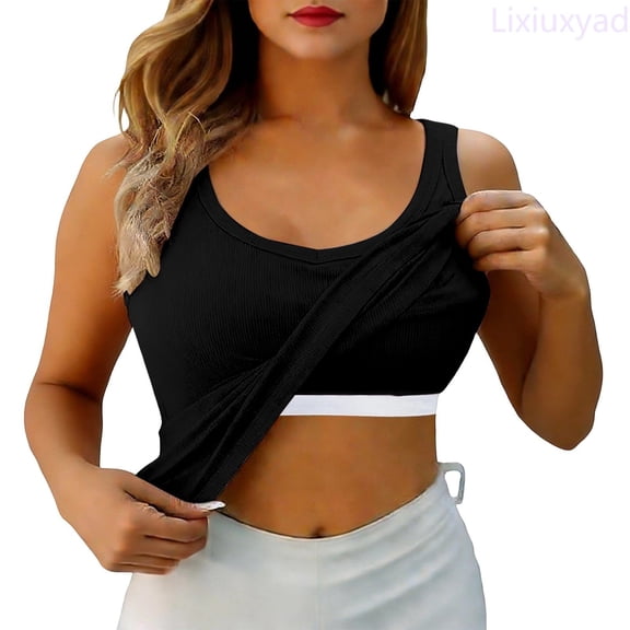 Lixiuxyad Cami Tank Top High Neck Long Sleeve Built In Bra Tank Top Seamless Slim Fit Camisole For Layering Comfortable Basic Shirt,Black