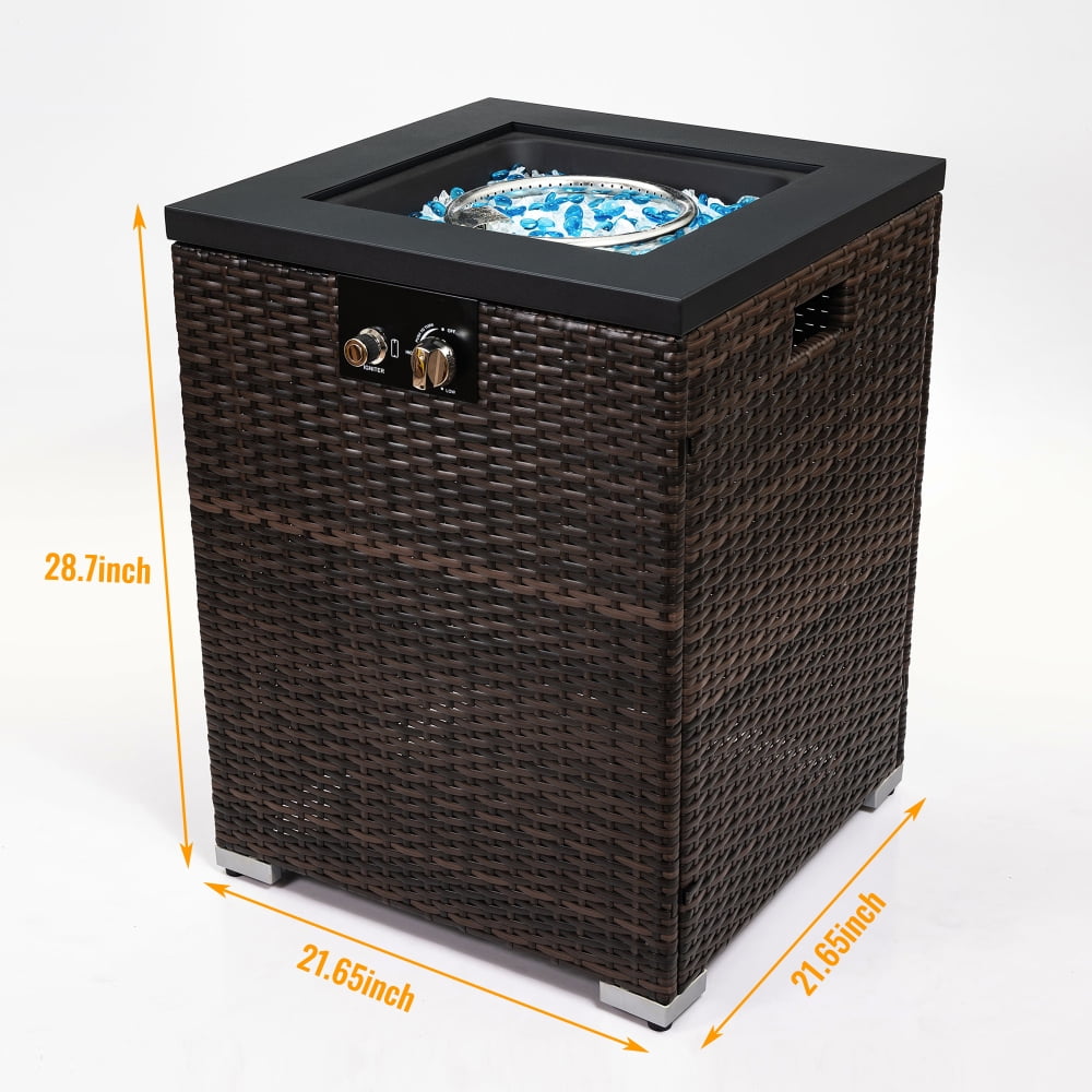22" Square Gas Fire Pit Table w/Glass Windshield- 50,000 BTU with Wicker-Style Base for Patio
