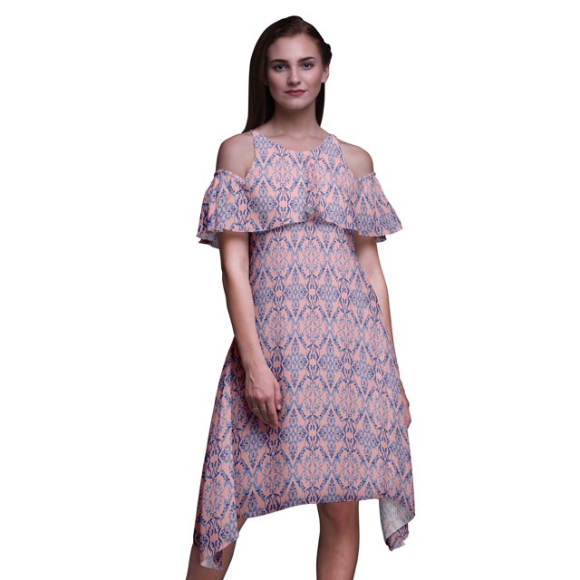 Bimba Damask Print Womens Chic Style Cold Shoulder Shift Dress Summer Tunic -Small