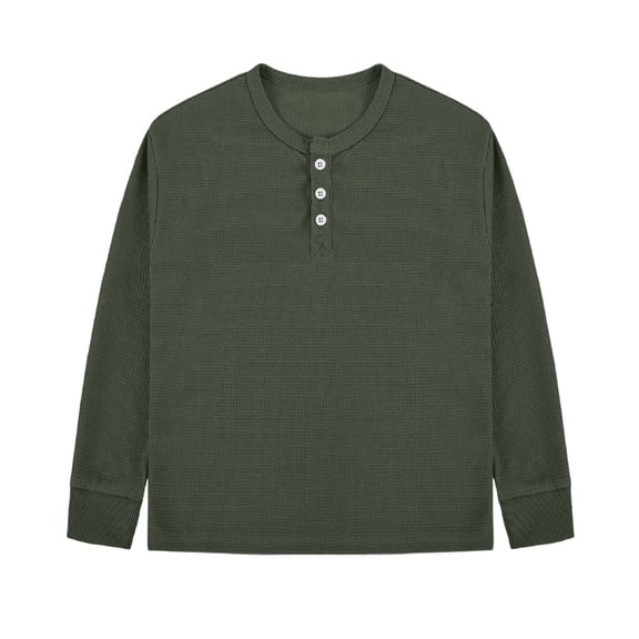 Gpaecead Boys Waffle Knit Henley Long Sleeve Tee Button Down Pullover Top with Ribbed Cuffs for Play Layering Olive Green