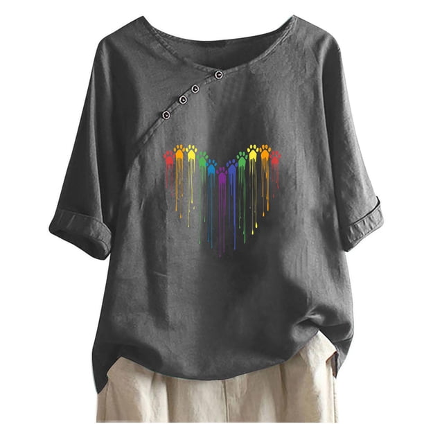 Blusas de Manga Corta para las Mujeres Impresas Cuello Redondo Camiseta Casual, Blusa de Algodón de Imitación para las Mujeres
