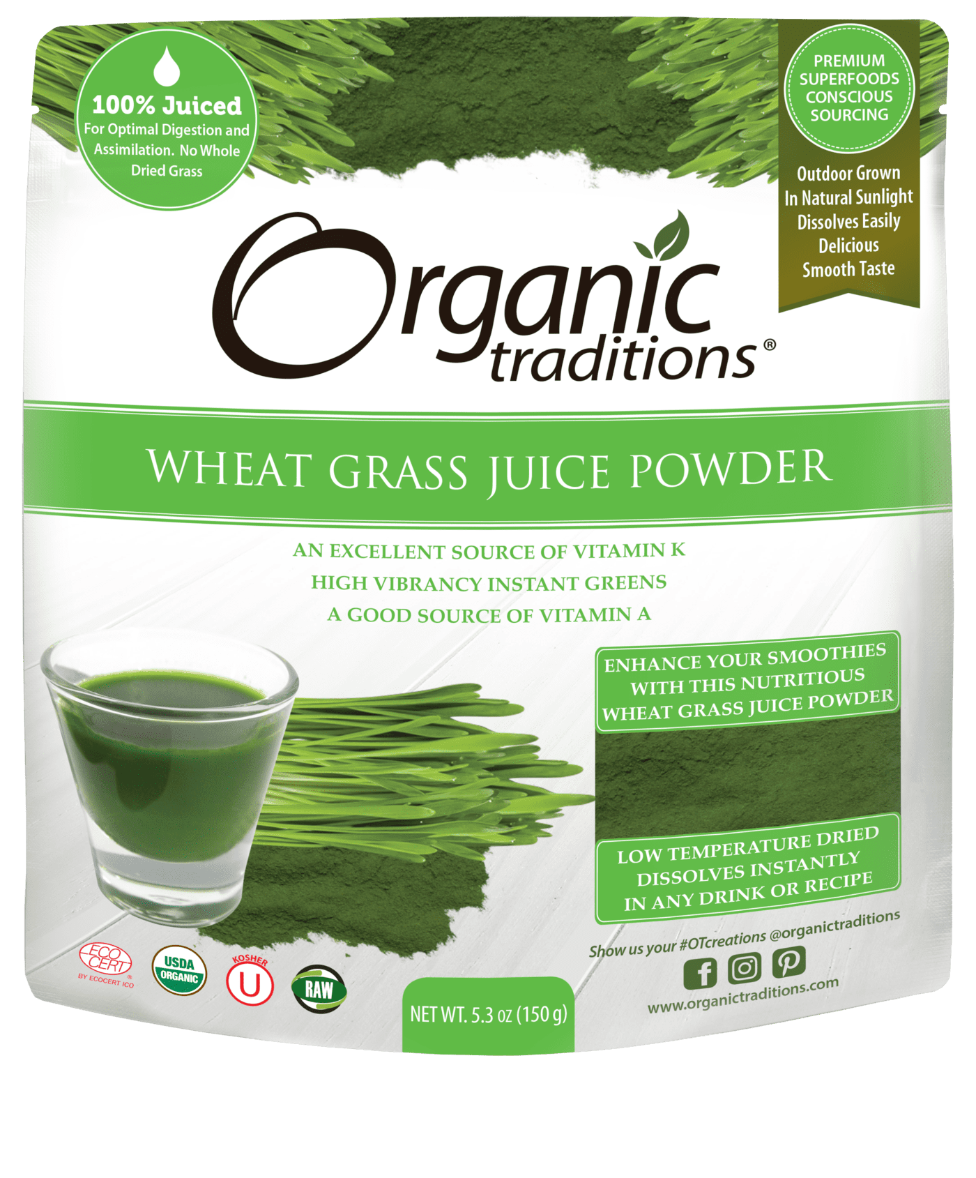 Organic Traditions Wheat Grass Juice Powder, 5.3oz