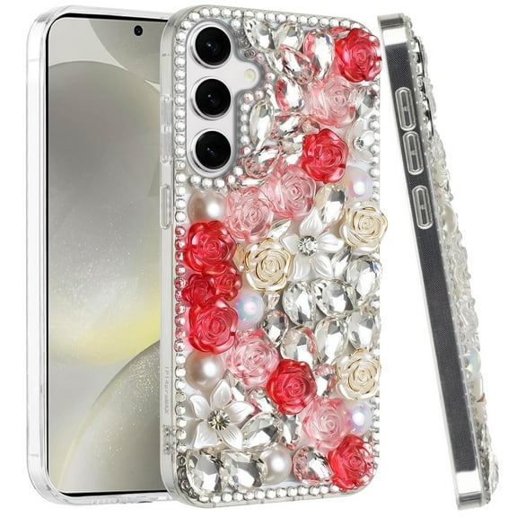 For Samsung s25 Plus/s24 Plus Rose Flower Full Diamond Bling Stones - Red