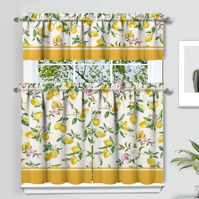 Lemon Kitchen Curtain Valance 3PCS,Lemon Floral Yellow Spring Summer Kitchen Decor for Home Interior Decor,Farmhouse Kitchen Curtains and Valance Set Short Curtain Sink Window Decor 36 Inch