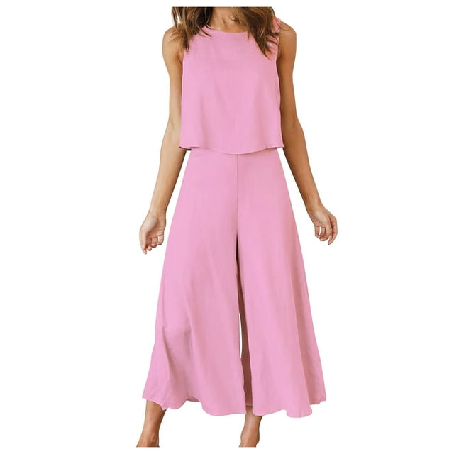 Mikilon Ensemble Élégant pour Femmes 2 Pcs Col Rond Sans Manches Shorts Haut Plus Pantalon Large Coton et Lin Col Rond Sans Manches Shorts, Pantalon Large, Ensemble Pantalon Long Rose S