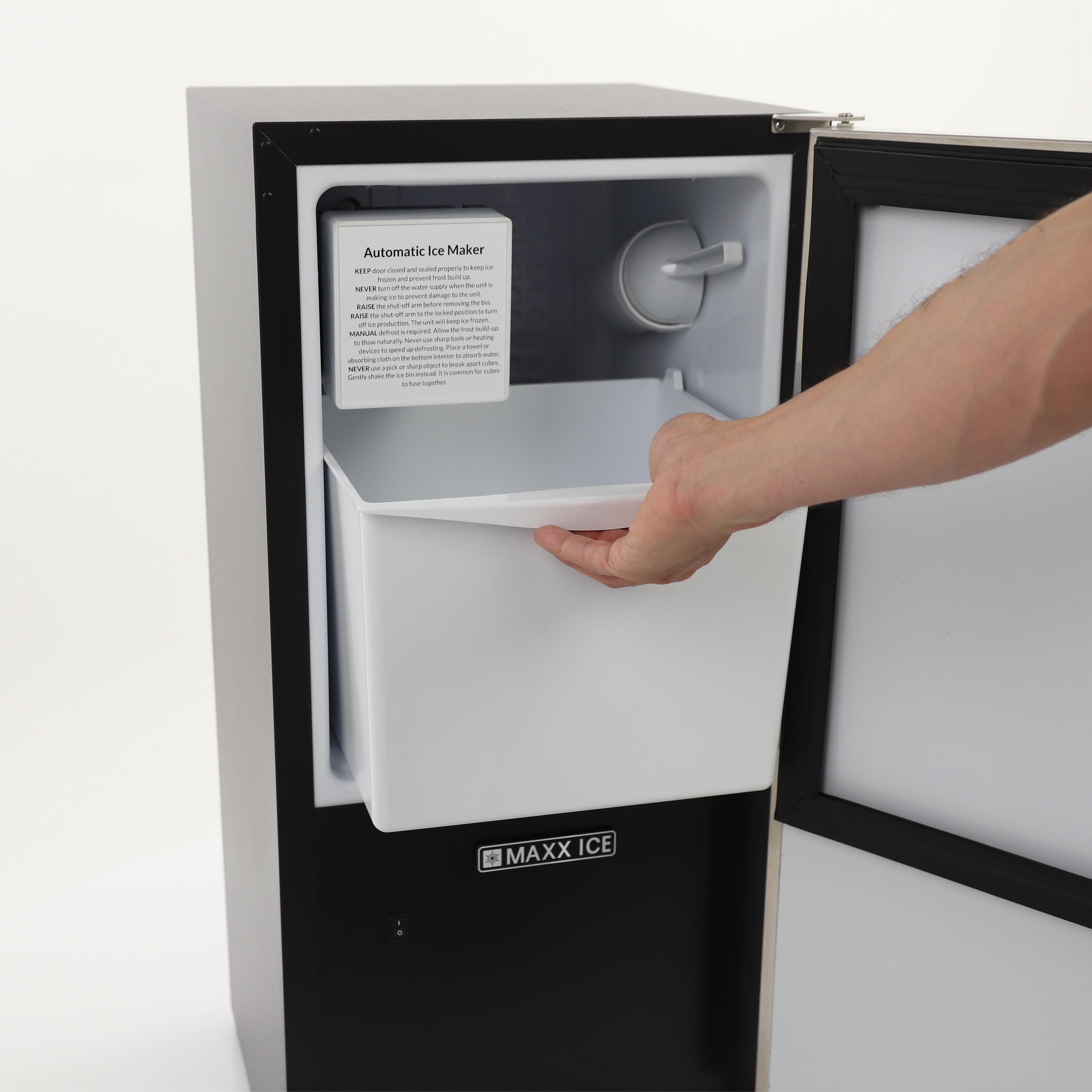 Maxx Ice Shallow Depth Indoor Built-In Undercounter Ice Maker, 15", 25 lbs, Crescent Ice Cubes, 22 lb Ice Storage Bin, in Stainless Steel (MIM25C)