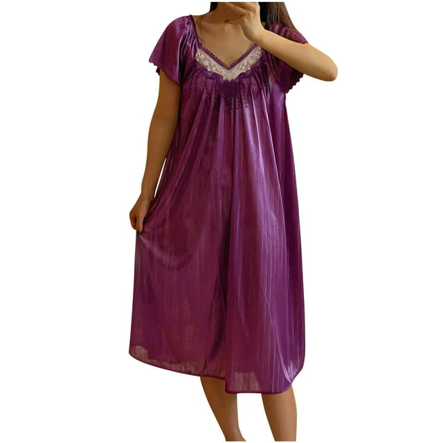 Timegard Robe de Nuit pour Femmes Col en V Manches Courtes Franges Robe de Maison Décontractée Ample Pyjama Confortable