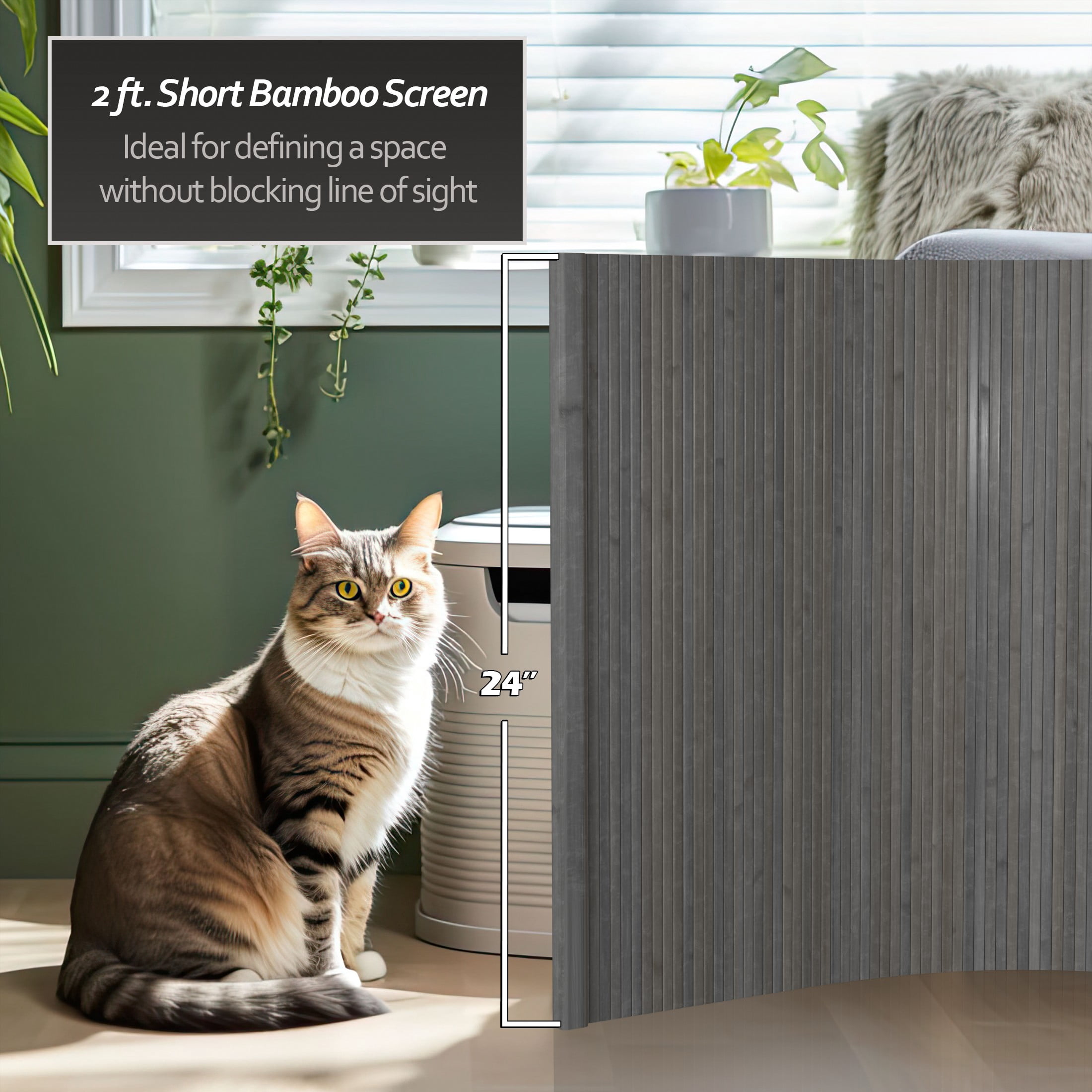 2 Ft. Grey Bamboo Wave Room Divider with Portable Screen Design
