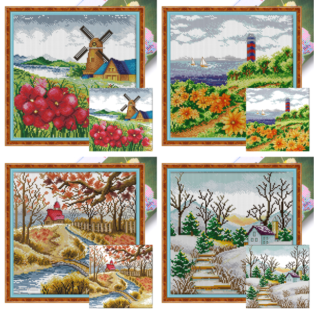 (F152) Hilo Algodón Ecológico Bordado 14CT 2 Hebras Impresión 29*29 Cm Paisaje Coreano (1) Kit Serie Dibujos Animados Punto Cruz Primavera (borde Gancho)