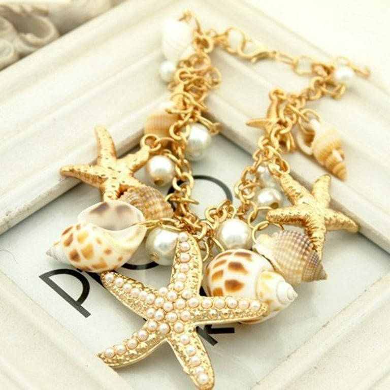 Ayyufe Women Ocean Sea Shell Starfish Pearl Pendant Bracelet Bangle