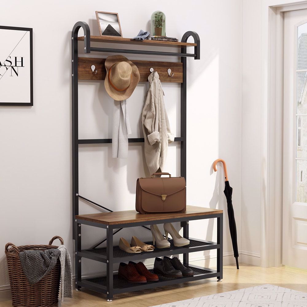 Storage Organized with 4 Hooks Easy Assembly Medium Accent Furniture with Metal Frame 69 in Entryway Hall Tree Vintage Industrial Coat Rack Shoe Bench Hall Tree Garment Rack with 2 Shelves 
