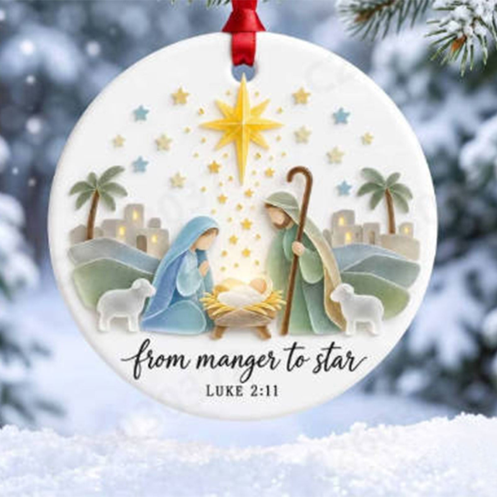 Nativity Scene Christmas Ornament Round Acrylic Religious Tree Hanging Decoration for Christmas Tree Mantel Window and Home Display