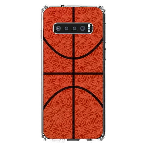 DistinctInk Clear Shockproof Hybrid Case for Samsung Galaxy S10  PLUS(6.4" Screen) - TPU Bumper, Acrylic Back, Tempered Glass Screen Protector - Basketball Drawing -Basketball
