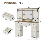 Farmhouse Makeup Vanity Desk with Lighted Hollywood Mirror and Storage for Bedroom,Large Vanity Desk with Charging Station, Dressing Table with Shelves & 3 Drawers & 2 Cabinets, Lights Adjustable