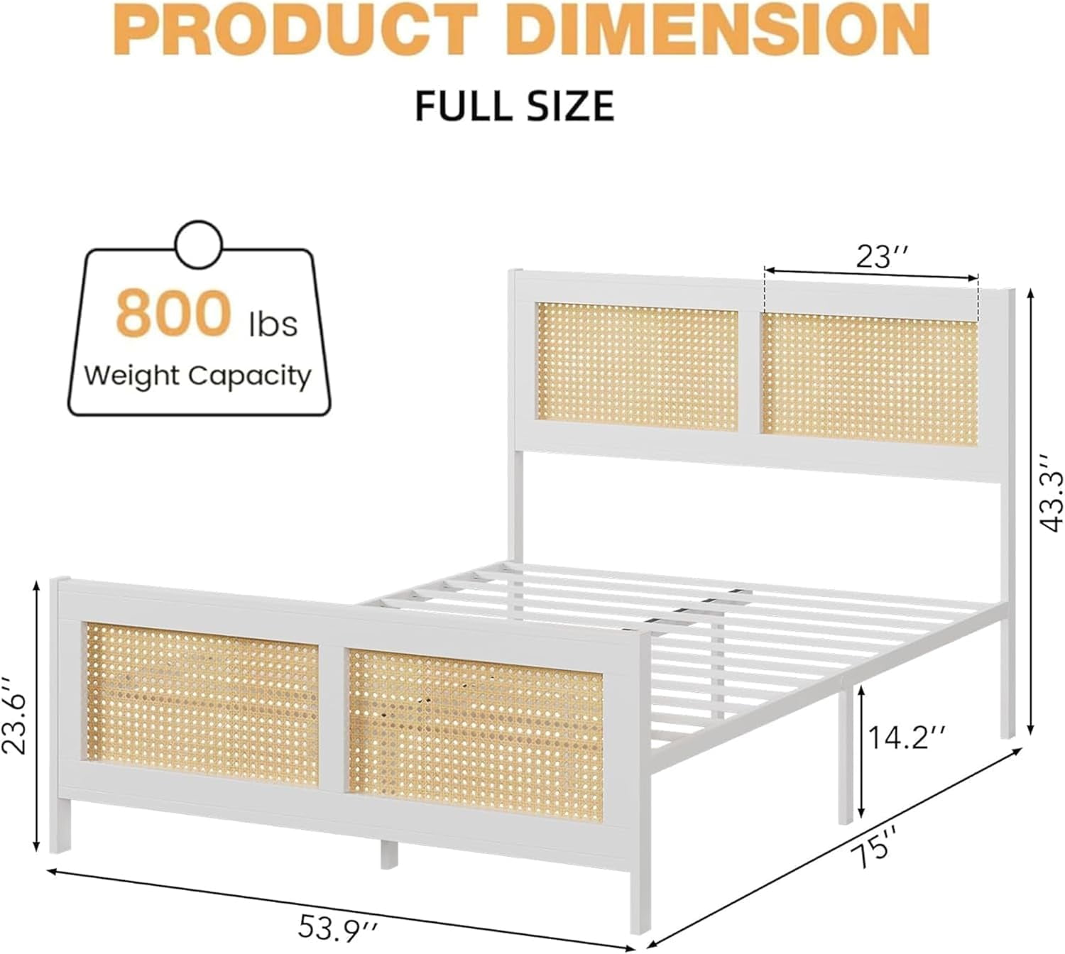 Full Size Bohemian Rattan Bed Frame with Headboard, Metal Slats, 14" Storage, No Box Spring Needed, White/Natural