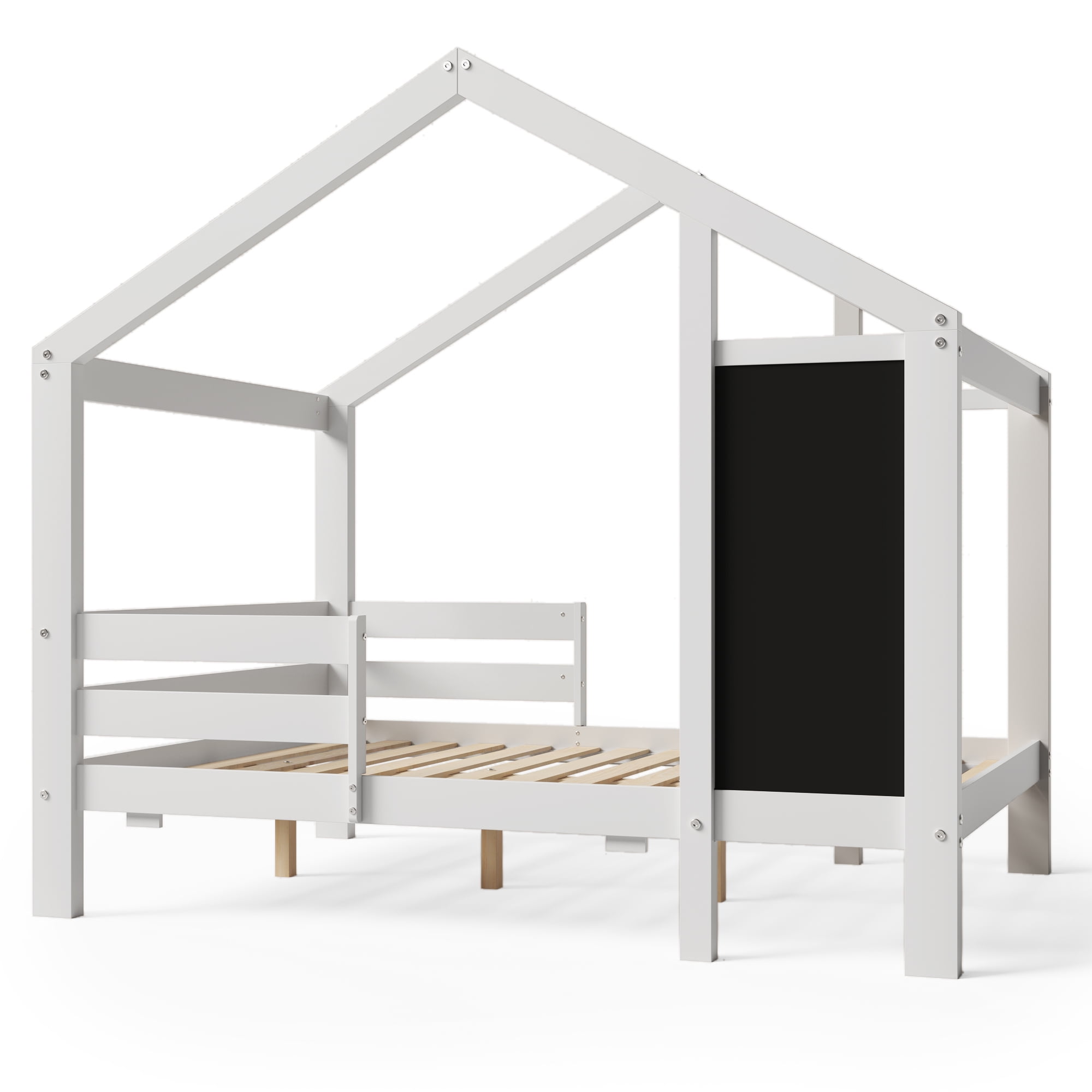Euroco Pine Wood Full Size House Canopy Bed with Trundle and Blackboaed, Daybed with Drawers for Kids, White