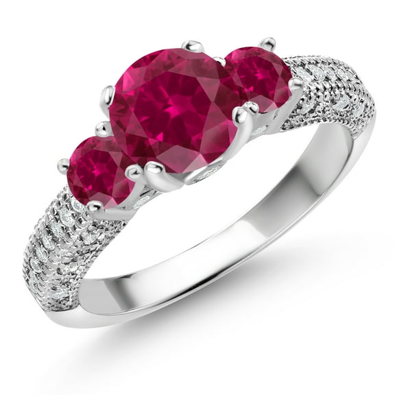 Gem Stone King 925 Sterling Silver Red Created Ruby and White Moissanite Engagement Ring for Women (2.13 Cttw, Round 7MM and 4MM, Size 8)