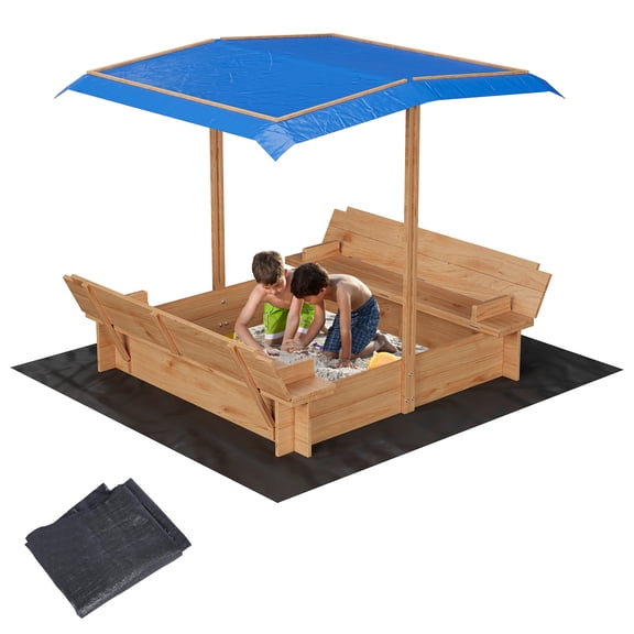 Roromall Wooden Sandbox with Lid & Cover, Outdoor Sand Box with 2 Bench Seats, Bottom Liner, Adjustable Height & Rotatable Canopy for Ages 3-8, Sand Pit for Beach, Patio, Backyard