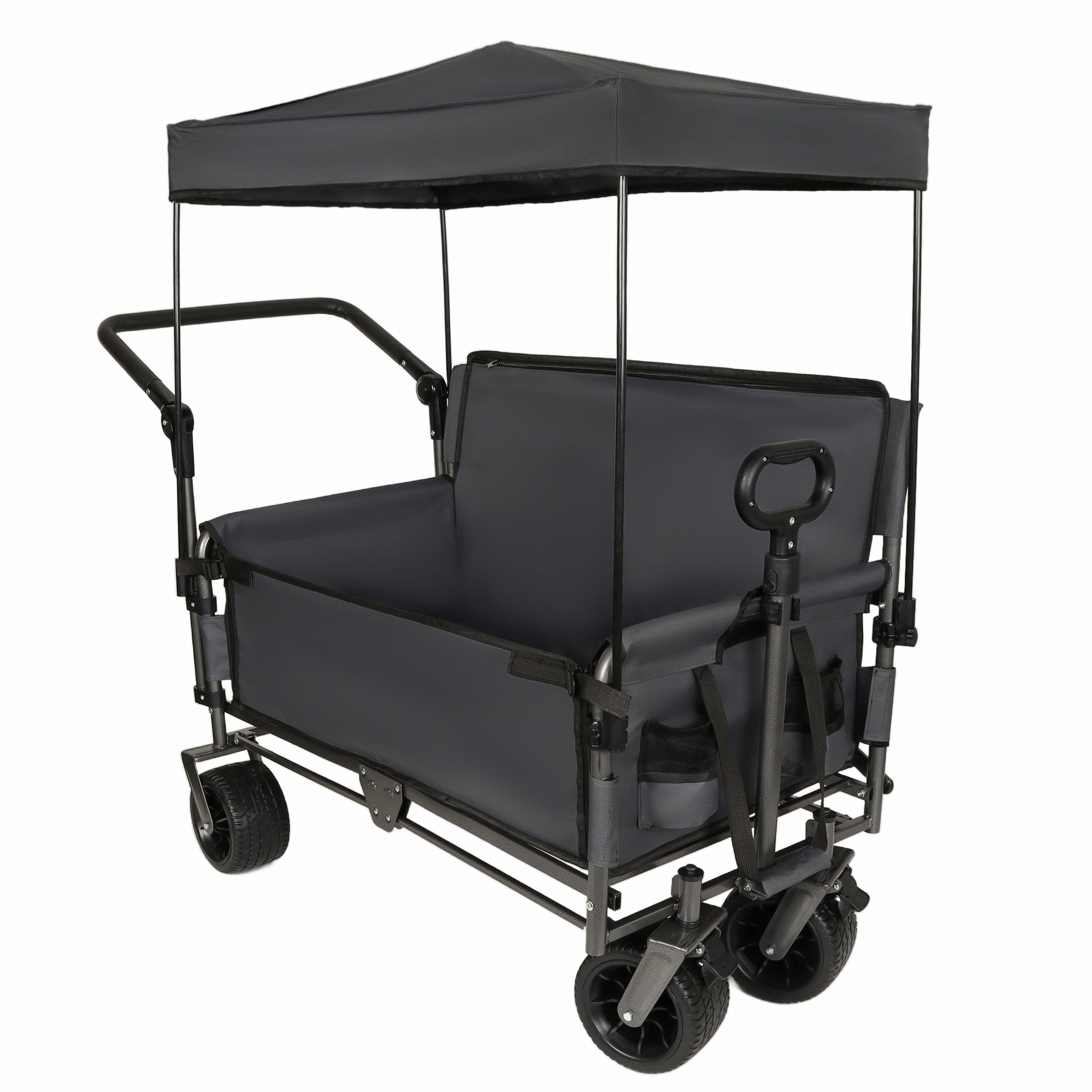 JXXRZ Folding Wagon with Seat & Canopy, 500lbs Heavy Duty All-Terrain Beach Cart, Gray