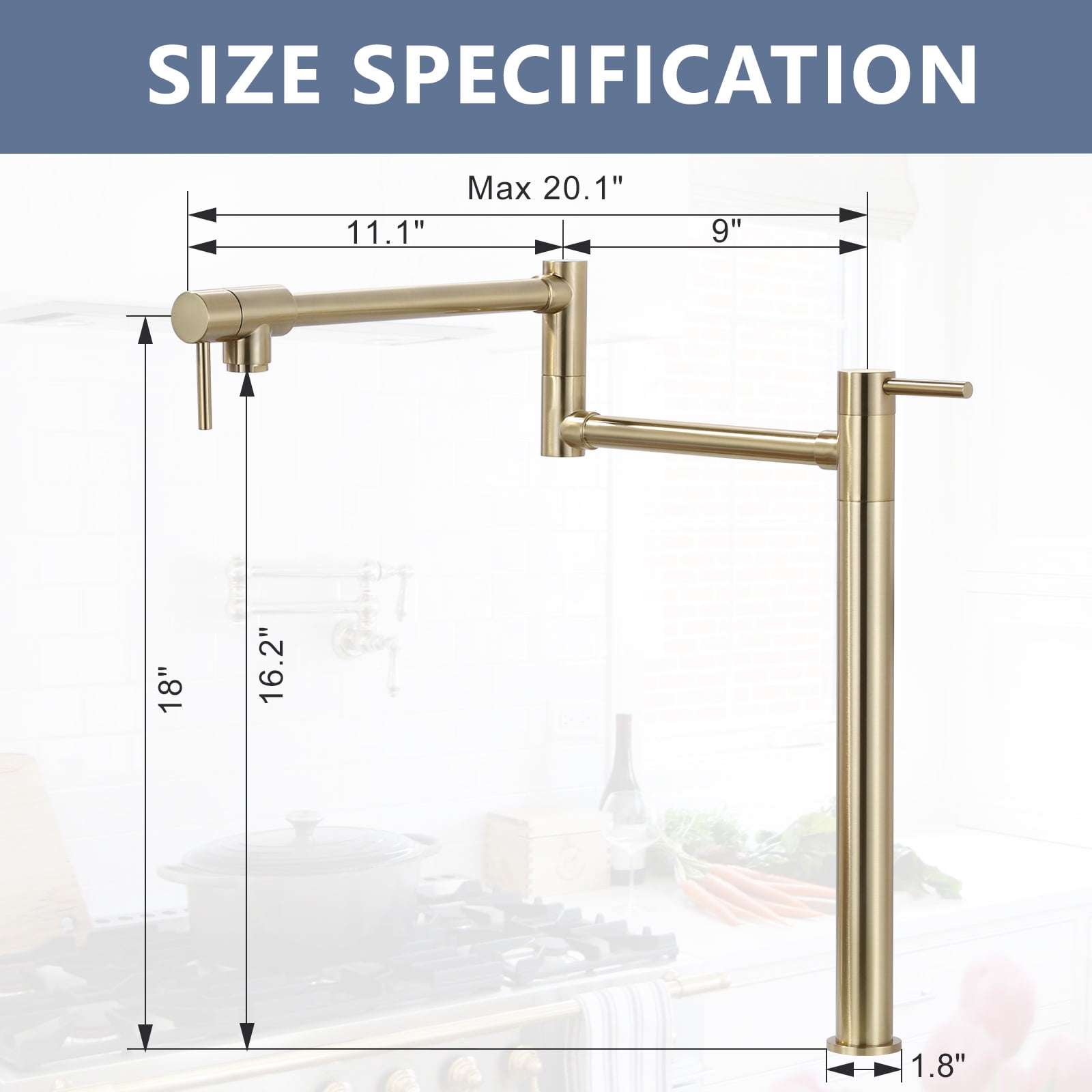 Wowow Deck Mount Stove Pot Fillers Faucet, Solid Brass Folding Kitchen Faucet, Brushed Gold with Stretchable Double Joint Swing Arm
