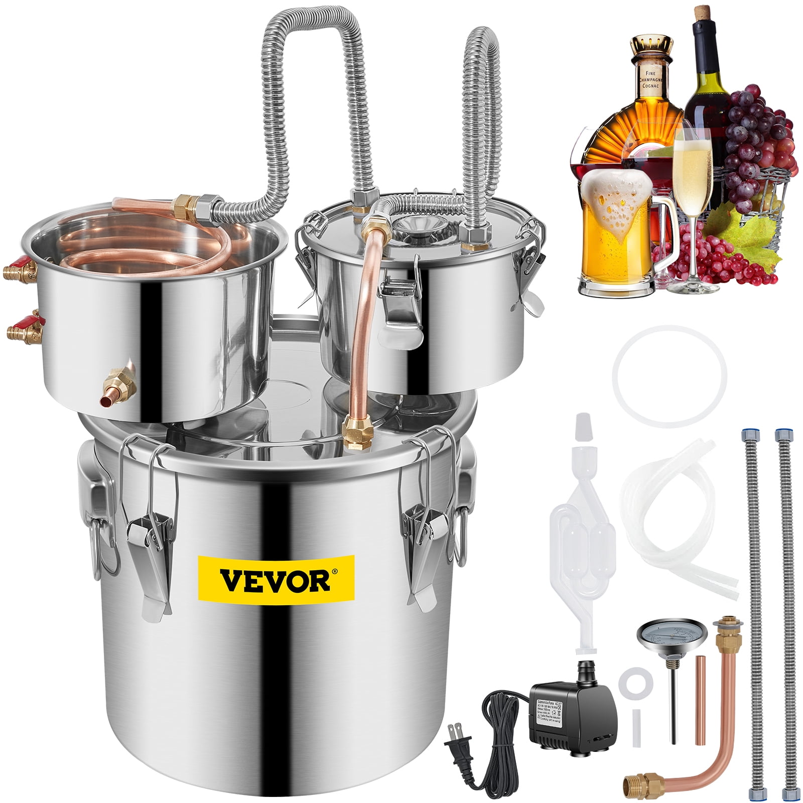 Household Moonshine Still 3Gal Alcohol Distiller Multifunctional Winemaking Kit Accessories with Thermometer and Pot 304 Stainless Steel DIY Whiskey Spirits Boiler Distiller with Copper Tube 