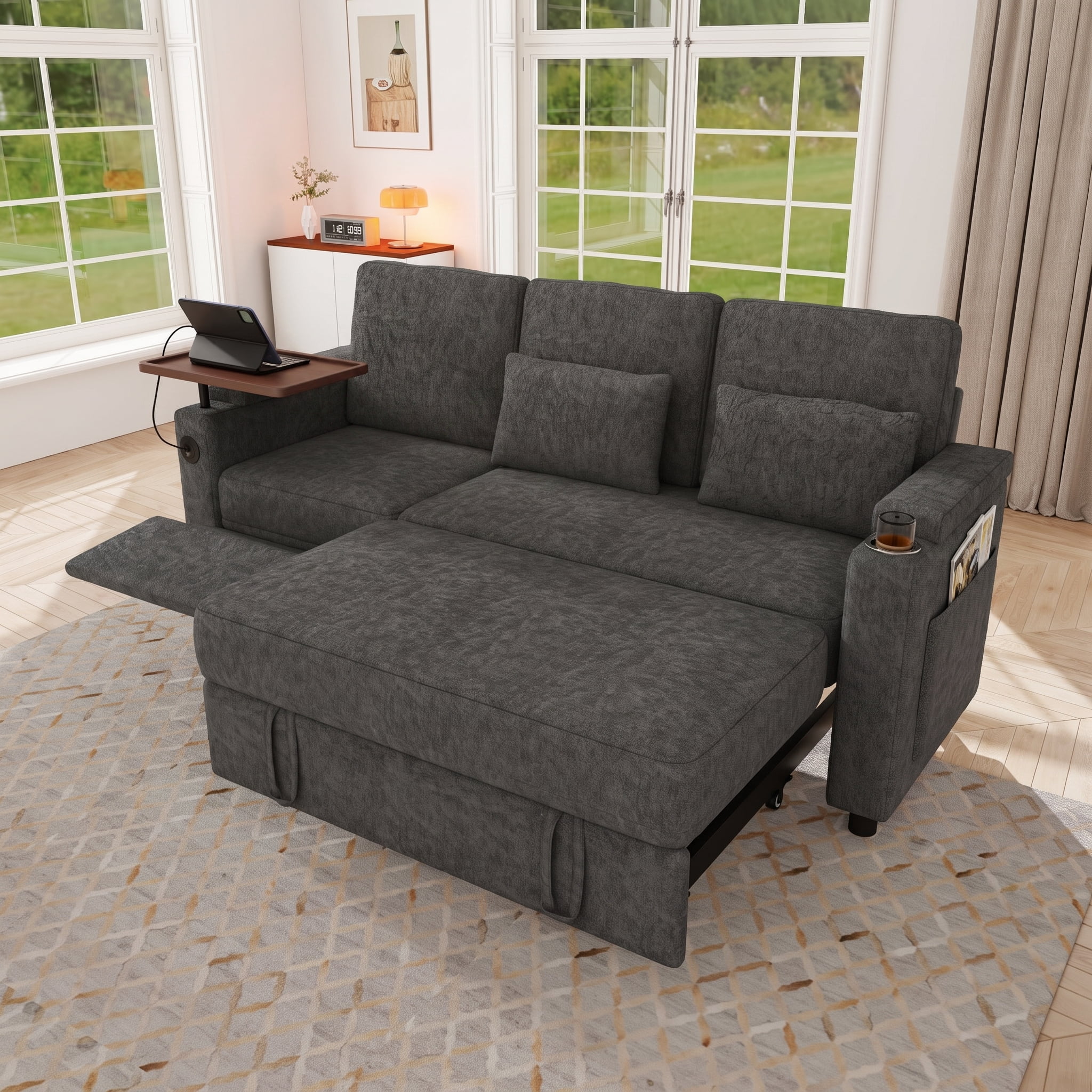 Leumius 3-in-1 Foldable 3 Seater Sofa Bed with Table Board,USB Ports,Armrest Storage,Adjustable Backrest,81inch Multi-Functional Chenille Fabric Sofa Couch for Living Room,Dark Gray