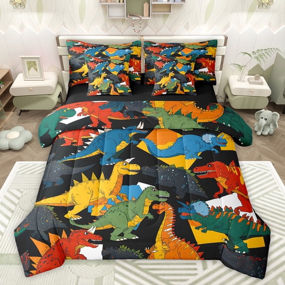 jejeloiu Vintage Dinosaur 7-Piece Twin Bedding Sets,Wild Animal Bedding Comforter Set,Colorful Dino Sheet Sets For Boys Kids,Microfiber Bedroom Decor Reversible