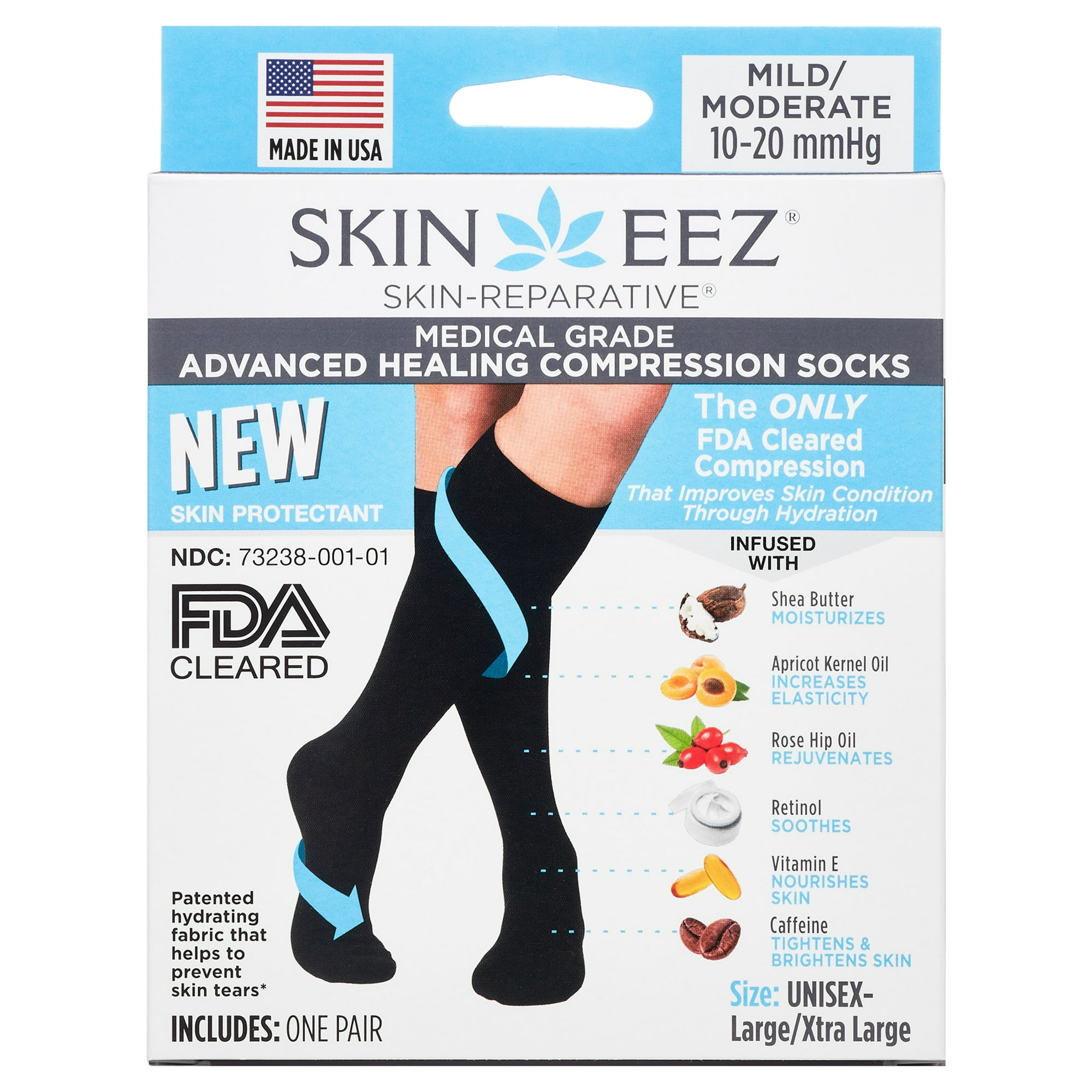 Skineez Hydrating Compression Socks, 10-20mmHg, Black, L/XL