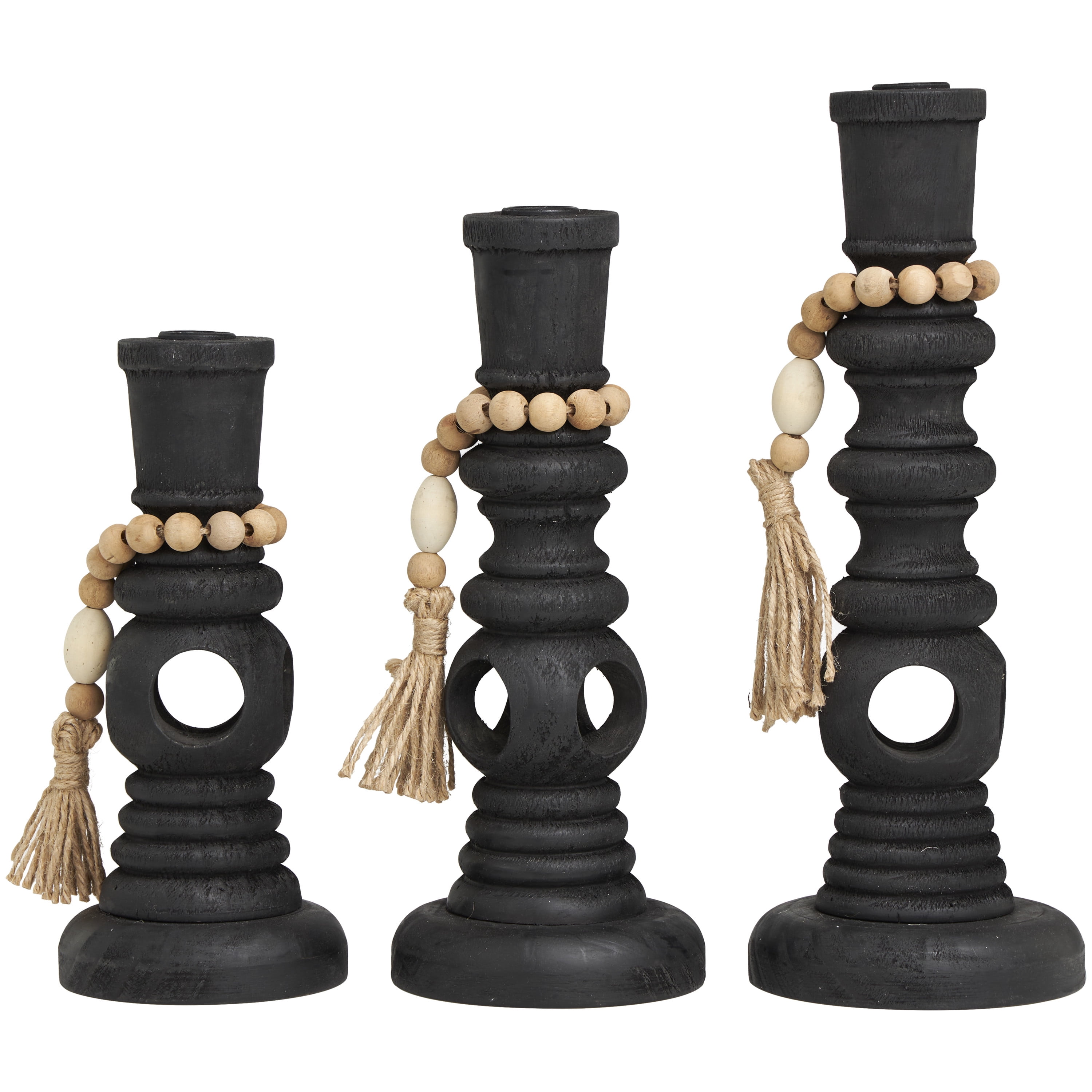 DecMode 3 Candle Black Wood Handmade Textured Matte Candle Holder with Beaded Garland Accent, Set of 3
