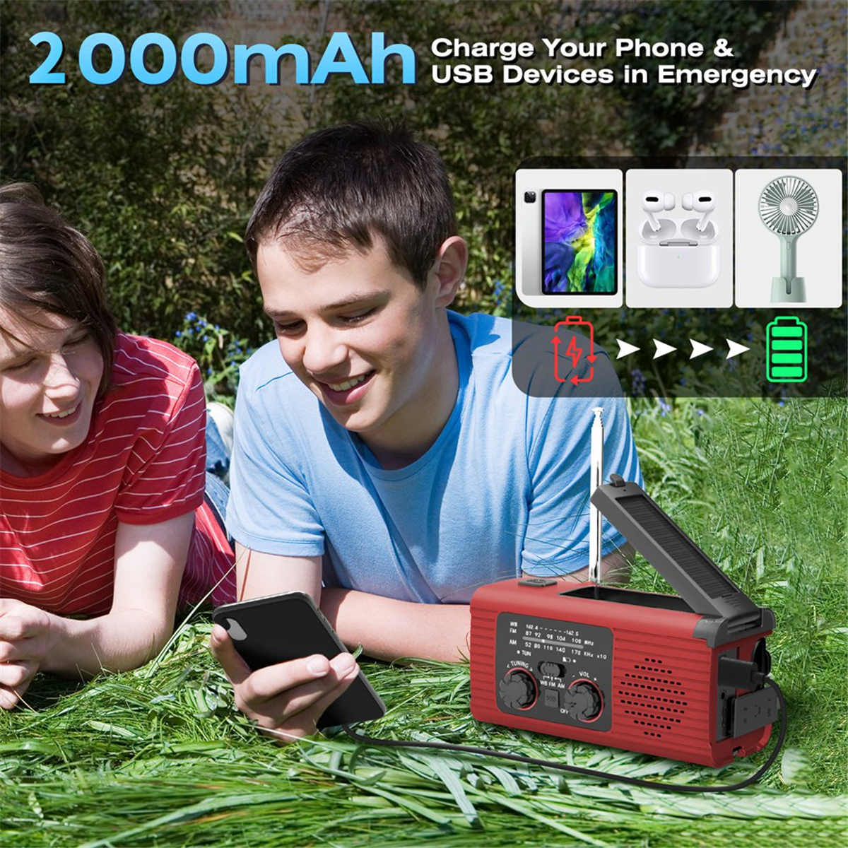 Emergency Weather Radio, 2000MAh Weather Alert Radio Solar Charging, Hand Crank & USB , AM/FM Radio Gray