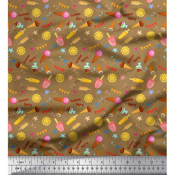 Soimoi Rayon Fabric Sun,Ice Cream & Cocktail Summer Designs Printed Fabric 1 Yard 42 Inch Wide