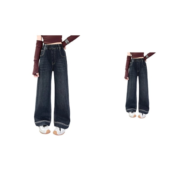 Baggy Wide Leg Jeans for Girls 4-14 Years – Elastic Waist Denim Cargo Pants with Multiple Pockets