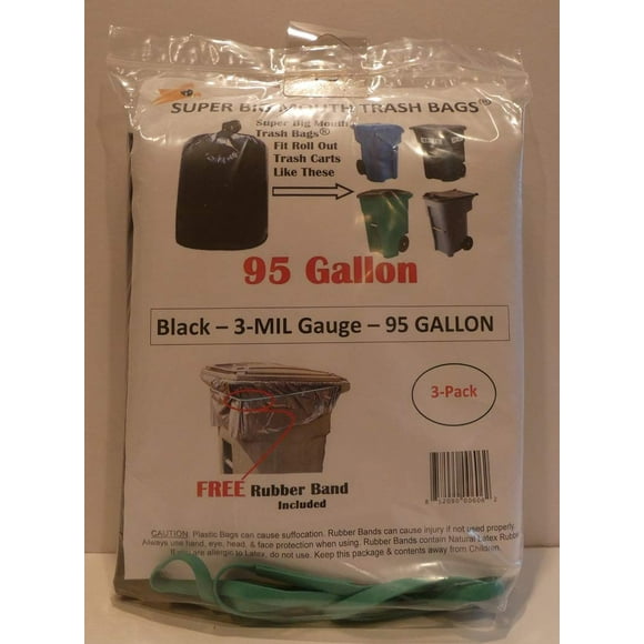 95 Gallon Super Big Mouth Trash Bags Lot de 3 Plus 1 Bande de Fixation en Caoutchouc Gratuit