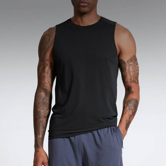 pstuiky Camisetas sin mangas para hombre, Camiseta deportiva corta sin mangas con cuello redondo y elástica de color liso para hombre Chaleco de hombre l