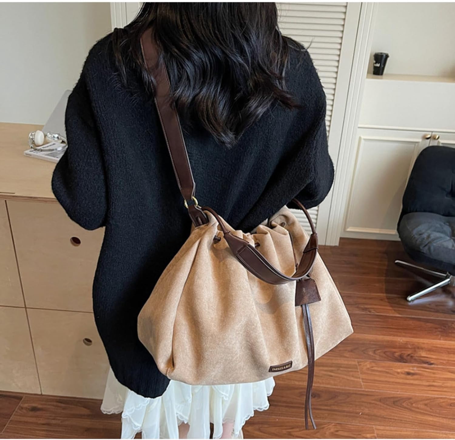 SPEKSEE Suede Bag for Woman Faux Suede Large Satchel Crossbody Tote Purse Drawstring Vintage Fall Winter Hobo Handbag