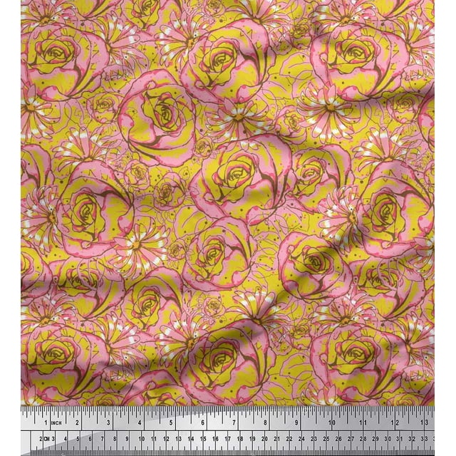 Soimoi Tissu Crêpe polyester à Pois et Roses Imprimé Floral au Mètre 42 Pouces de Large