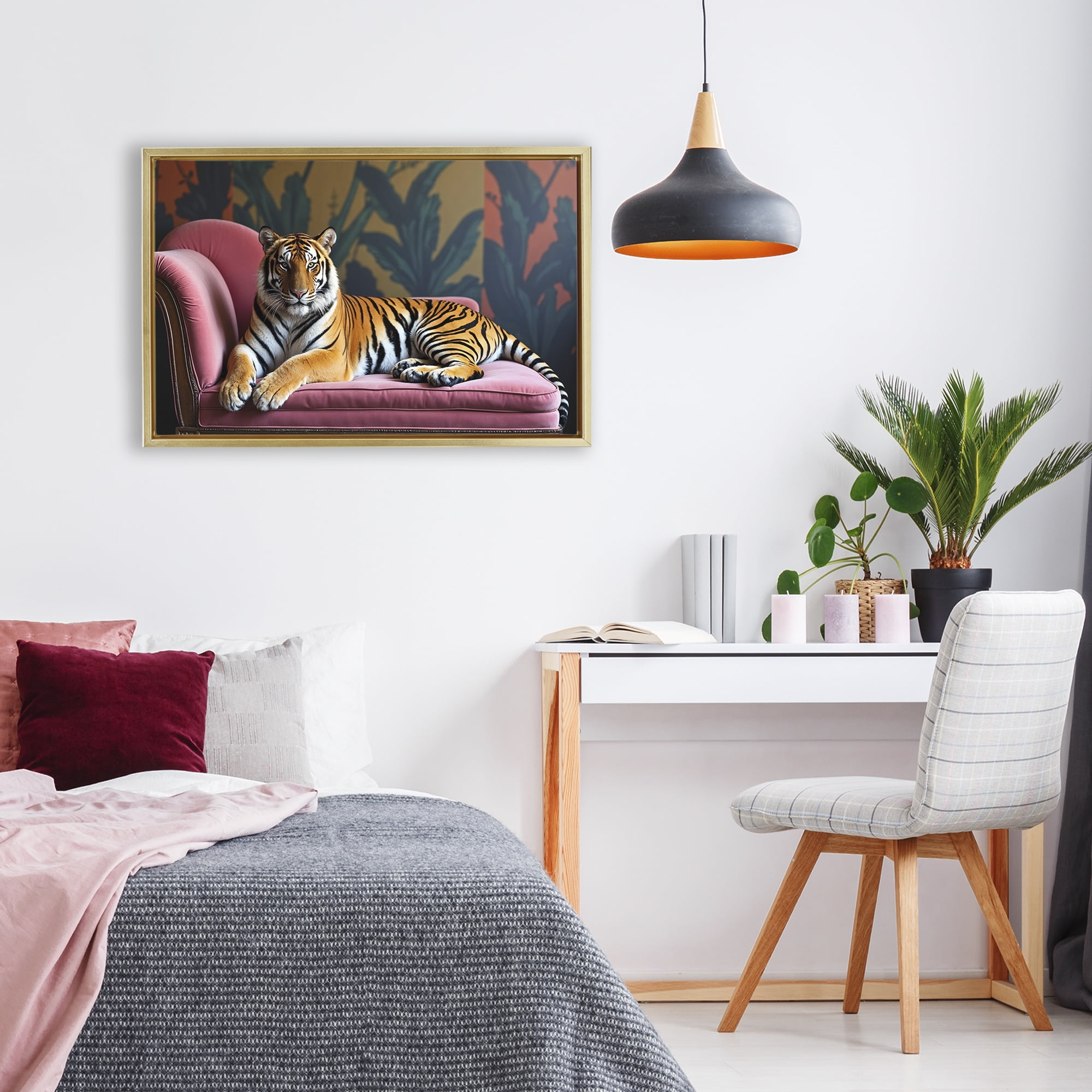 Exotic Tiger Lounging Gold Framed Floater Canvas Wall Art, design by Lettered and Lined