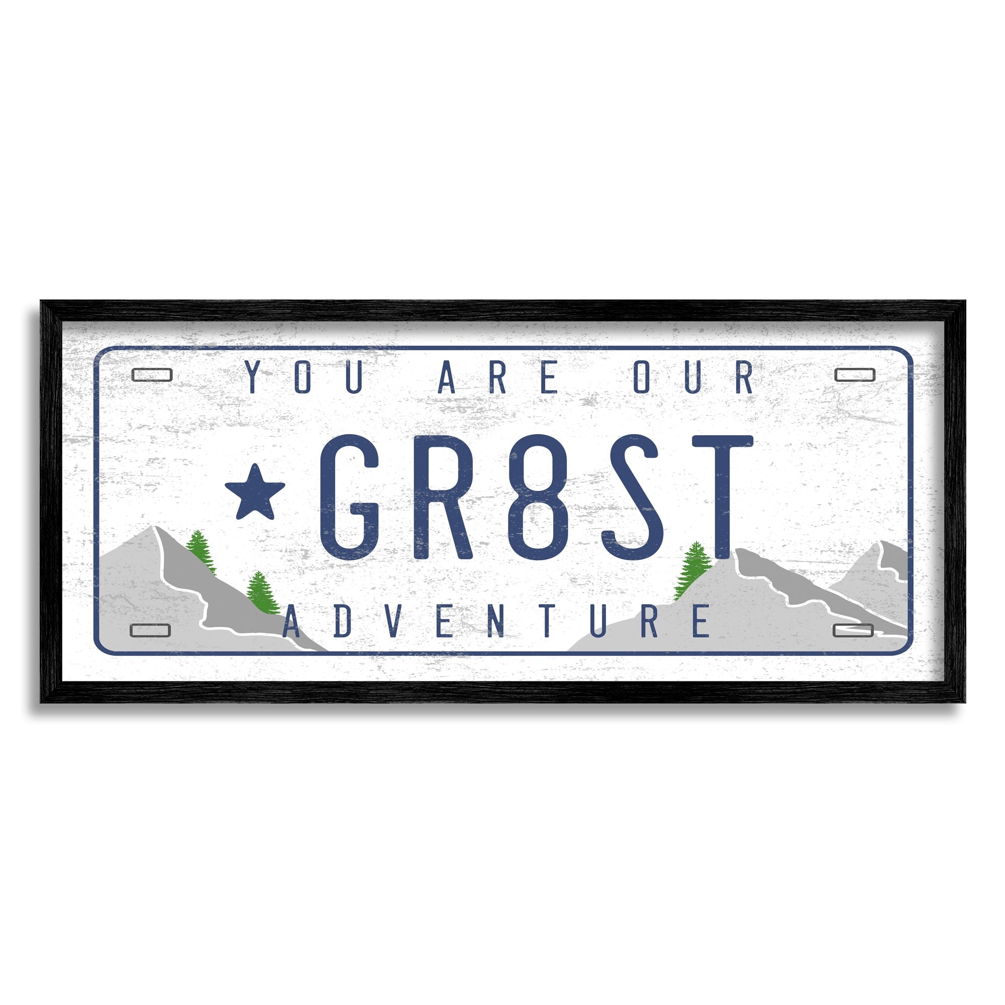 Stupell Industries Our Greatest Adventure Mountain Range License Plate Transportation Painting White Framed Art Print Wall Art, 13 x 30
