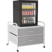 Mini Fridge Stand, Fridge Stand with 2 Large Fabric Drawers, 120LBS Drawer Dresser with 4 Swivel Wheels, Fridge Cart for Dorm, Home, Kitchen, Office,Iron Top, White
