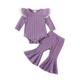 thumbnail image 1 of WIFORNT Baby Girl 2Pcs Spring Outfits Ruffle Long Sleeve Ribbed Knit Romper + Flare Pants Set Infant Clothing, 1 of 8
