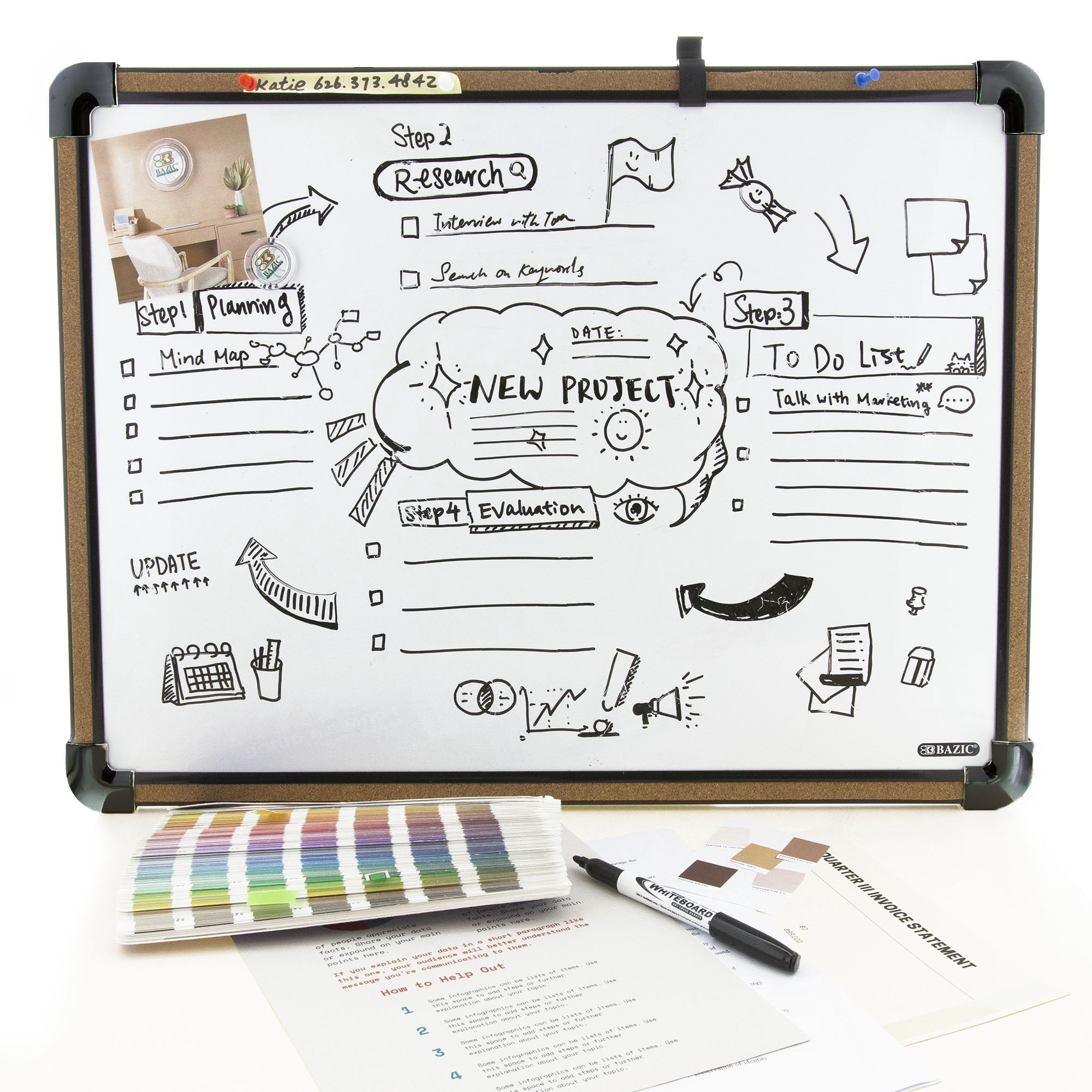 BAZIC Magnetic Dry Erase Board Black Cork Framed 17" X 23", Whiteboard Marker Magnets, 6-Pack