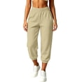 thumbnail image 3 of Womens Capri Sweatpants, Comfy Elastic Waist Solid Pants with Side Pockets, Fall Lounge Jogging Work Wear | VerBelle,Khaki XL, 3 of 9