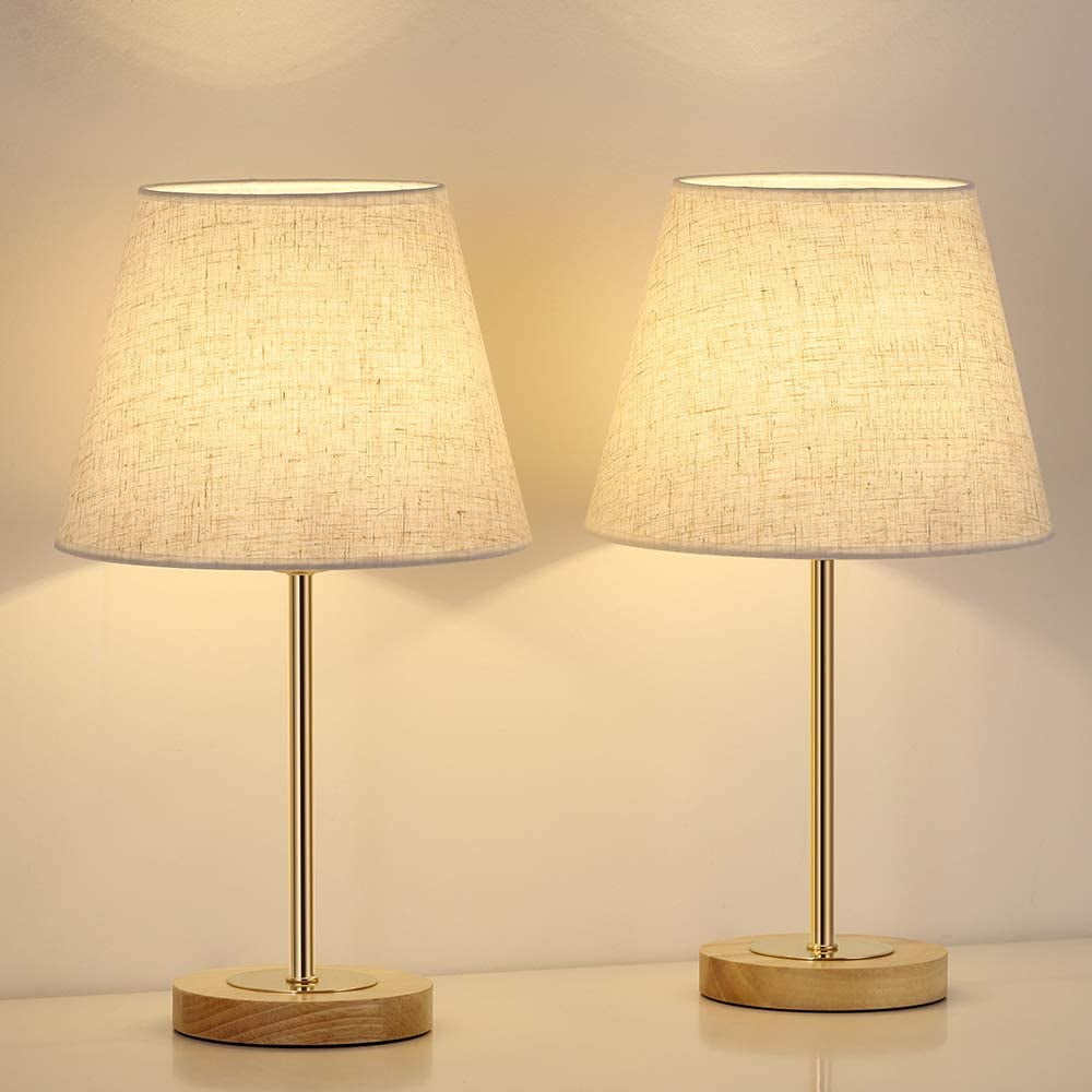 Gold Desk Lamp with Linen Shade, Modern Wood Bedside Lamp Set of 2